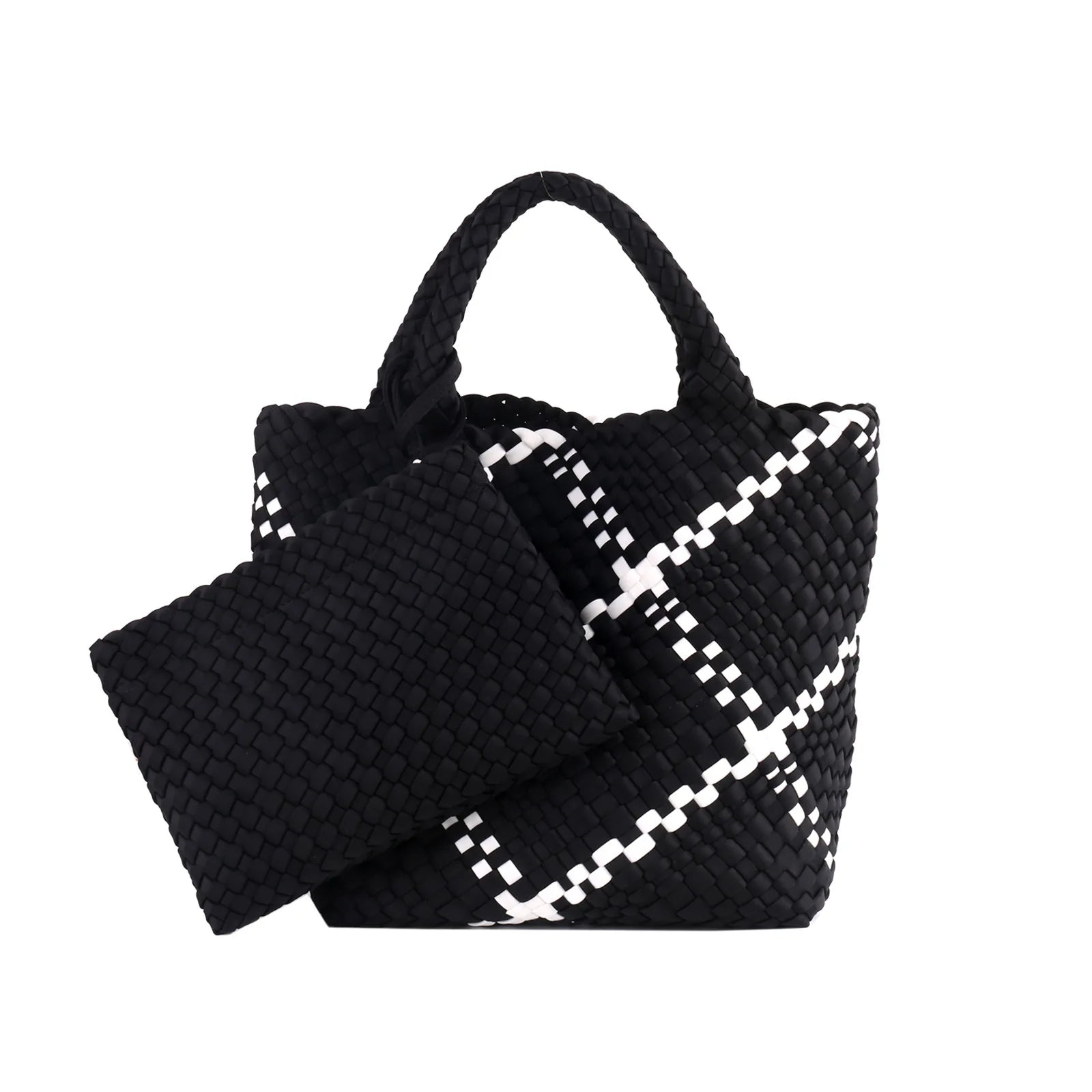 Neoprene Woven Tote Bag for Women – Waterproof Extra Large Beach Handbag & Retro Travel Shoulder Bag Set with Zipper Purse