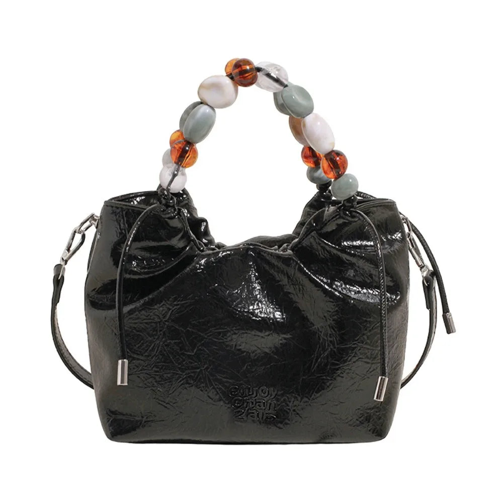 Beading Handle PU Shoulder Bag – Letter Print Korean Style Crossbody Tote