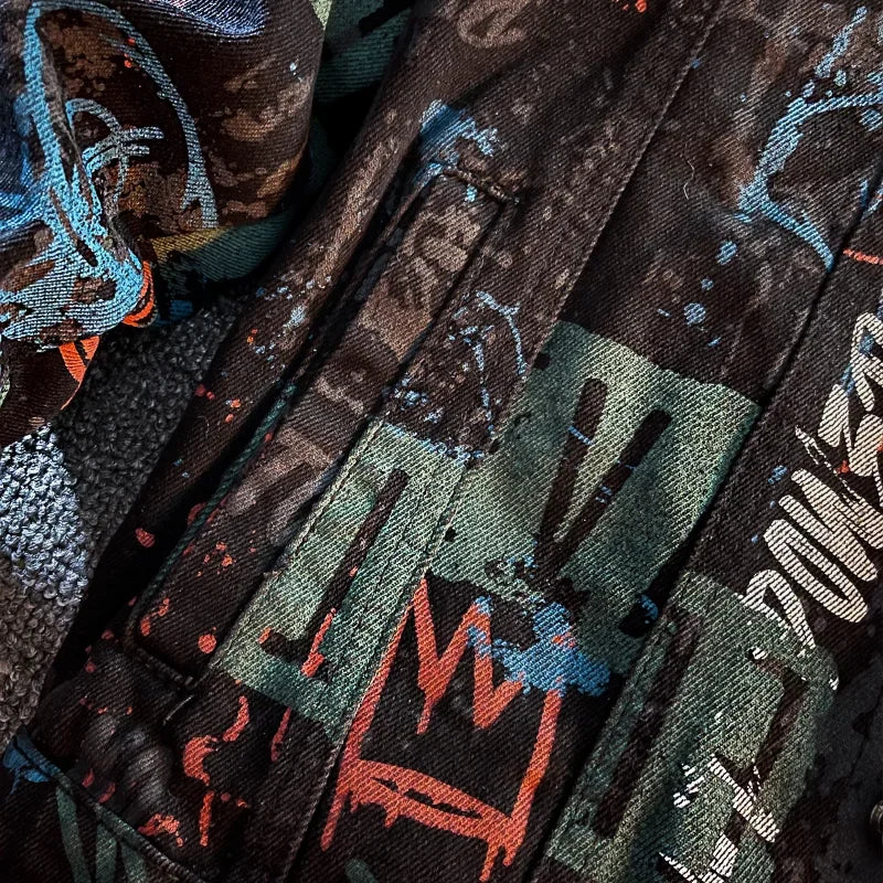 Men's Hip Hop Letter Graffiti Denim Jacket – Korean Slim Punk Unisex Jean Coat | Red & Black | S–XXXL | FBA Vibes