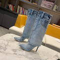 Women's Retro Blue Denim Mid-Calf Boot with High Square Heel