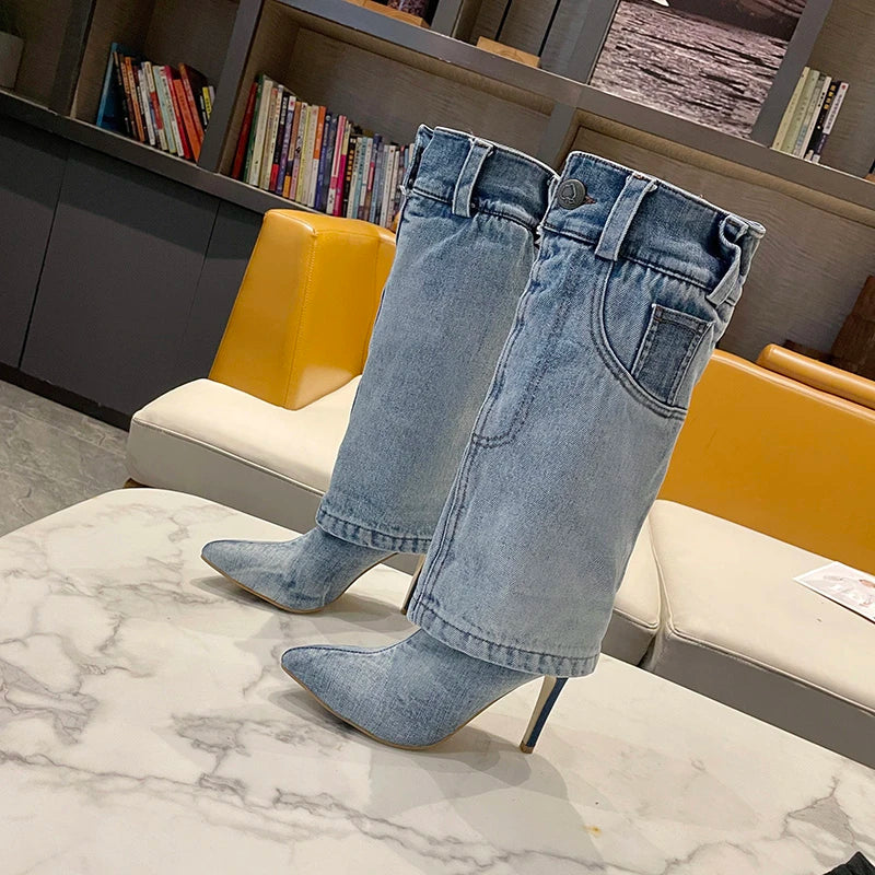 Women's Retro Blue Denim Mid-Calf Boot with High Square Heel