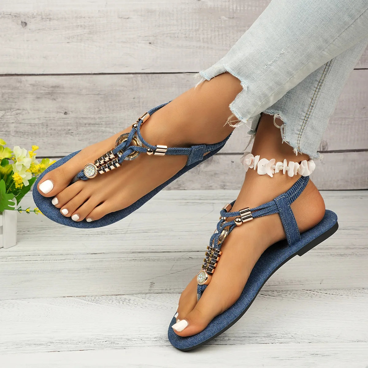 FBA Women's Bohemian Beaded Flat Sandals | Slip-On Beach Shoes