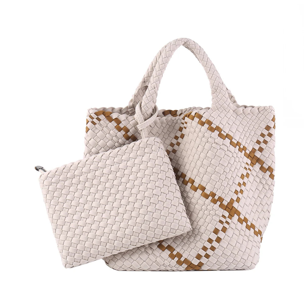 Neoprene Woven Tote Bag for Women – Waterproof Extra Large Beach Handbag & Retro Travel Shoulder Bag Set with Zipper Purse