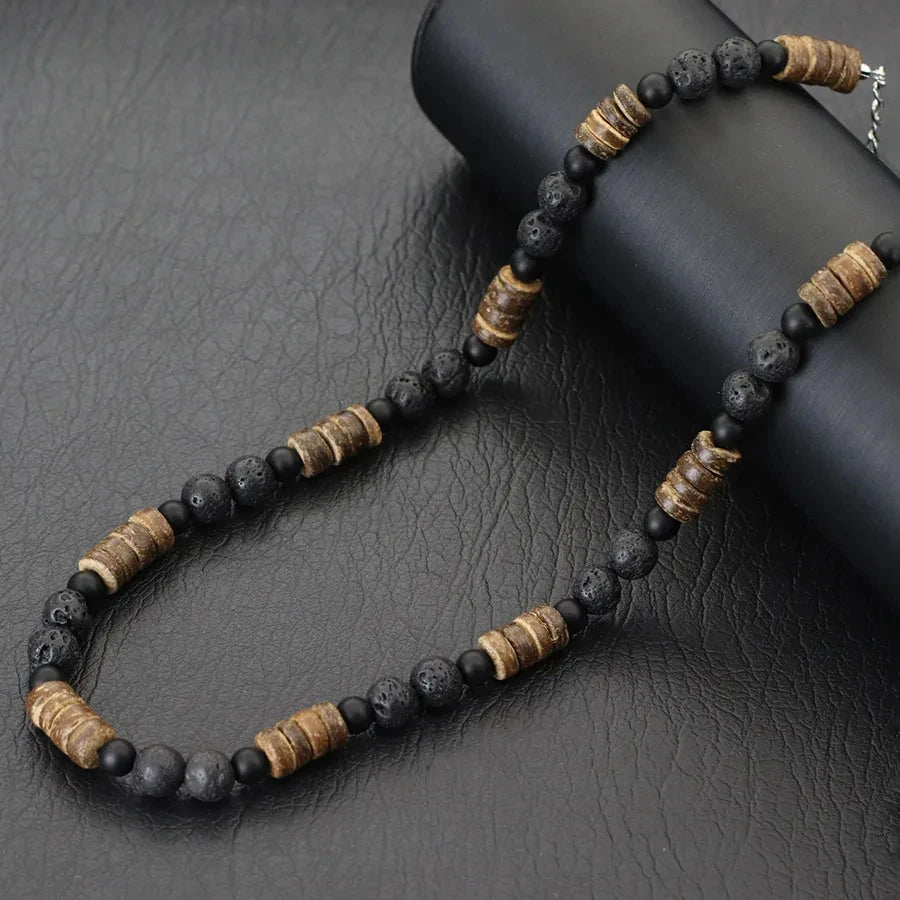 FBA Coconut Shell Lava Beaded Necklace for Men | Boho Wood Jewelry