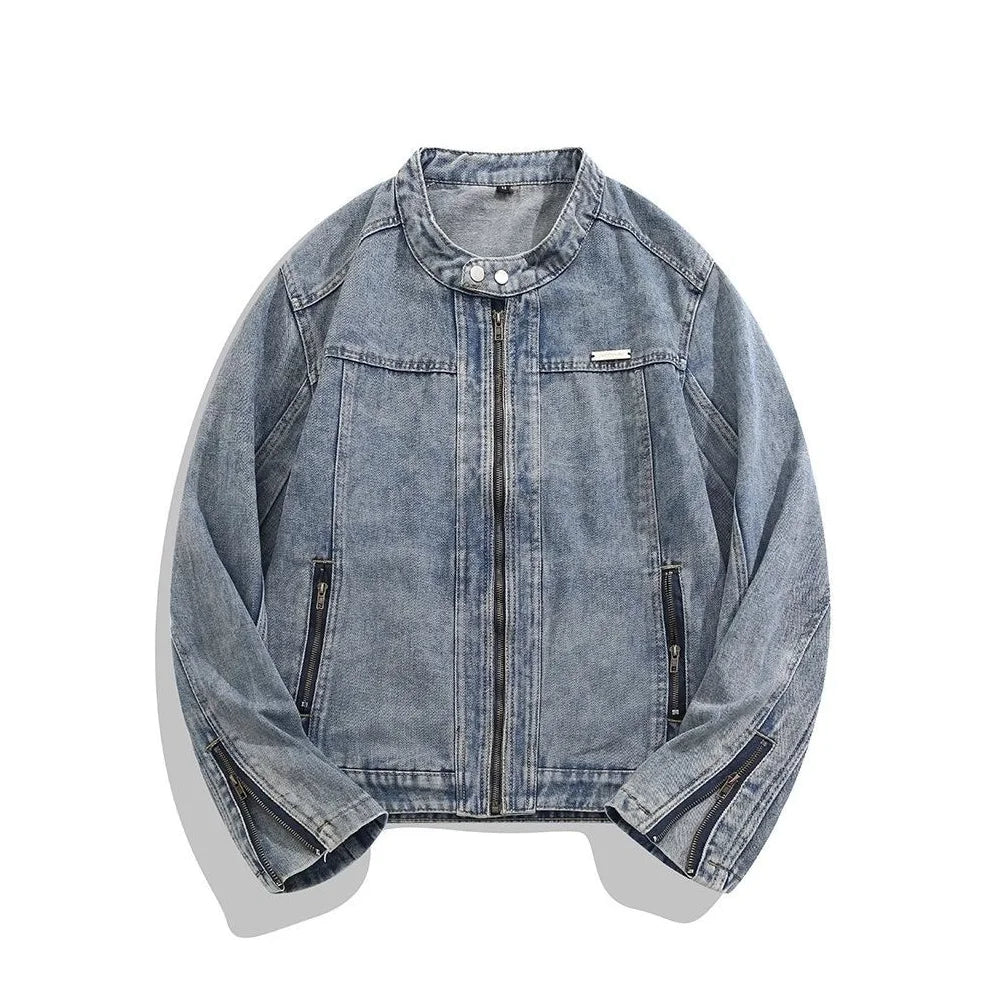 Men's Slim Fit Washed Vintage Biker Denim Jacket – Round Neck Zip-Up Streetwear | Blue | S–XXL | FBA Vibes