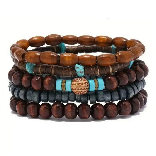 FBA 5-Piece Wood Beaded Elastic Bracelet Set | Unisex Daily Jewelry