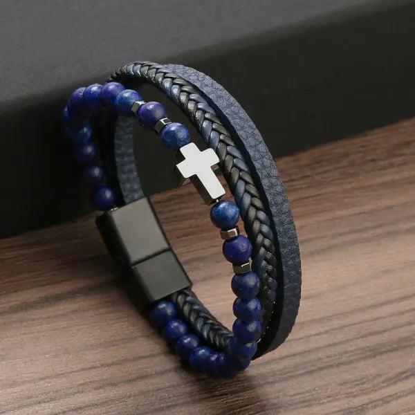 FBA Prayer Rosary Cross Natural Stone Leather Bracelet | Yoga Meditation Jewelry