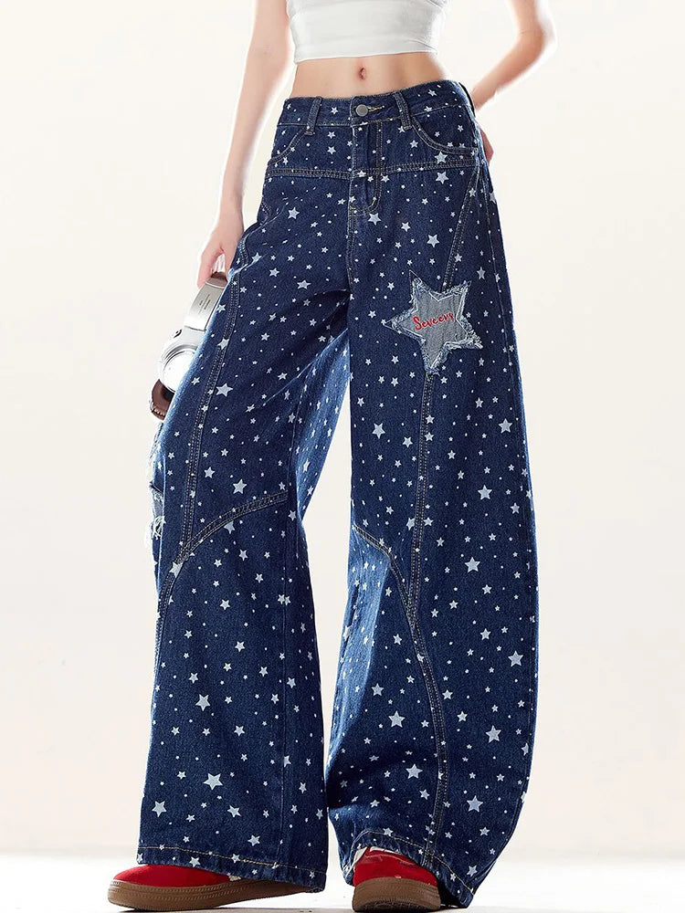 Women's American Hip Hop Stars Print High Waist Wide-Leg Jeans – Y2K Harajuku Vintage Streetwear Denim | Blue | S–XXL | FBA Vibes