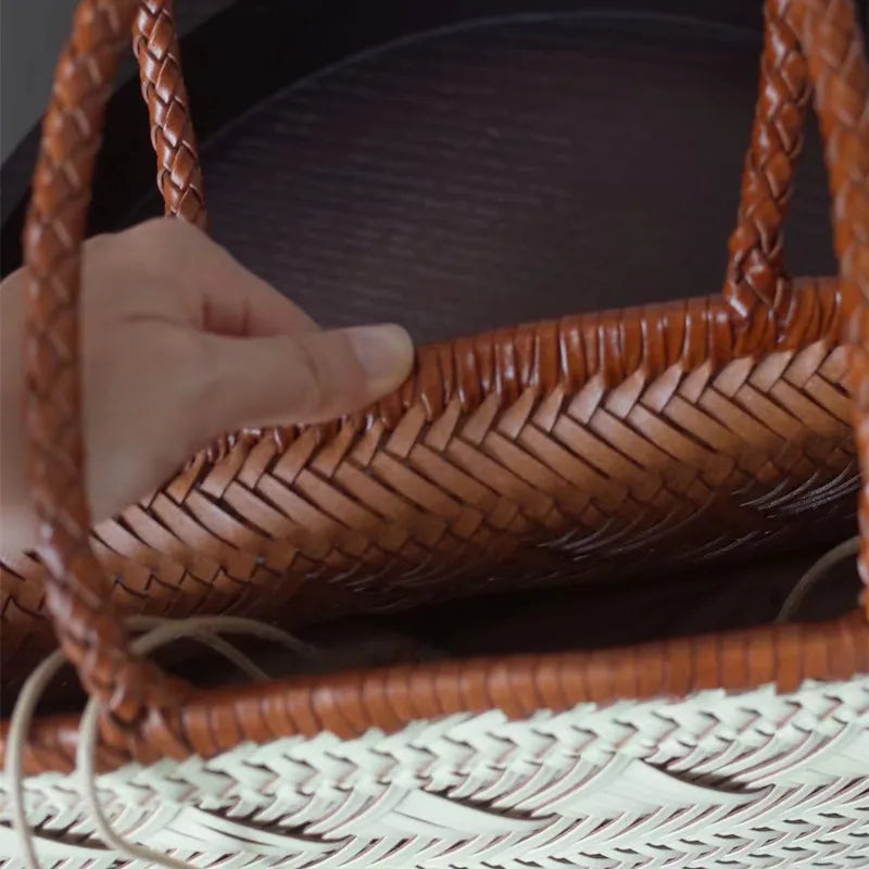 Vintage Hobo Manual Woven Genuine Leather Tote Bag – Hollow-Out Basket Shopping Bag for Women