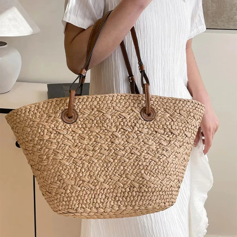Designer Bohemian Chic Straw Woven Tote Bag – Large Capacity Beach Vacation Shoulder Handbag