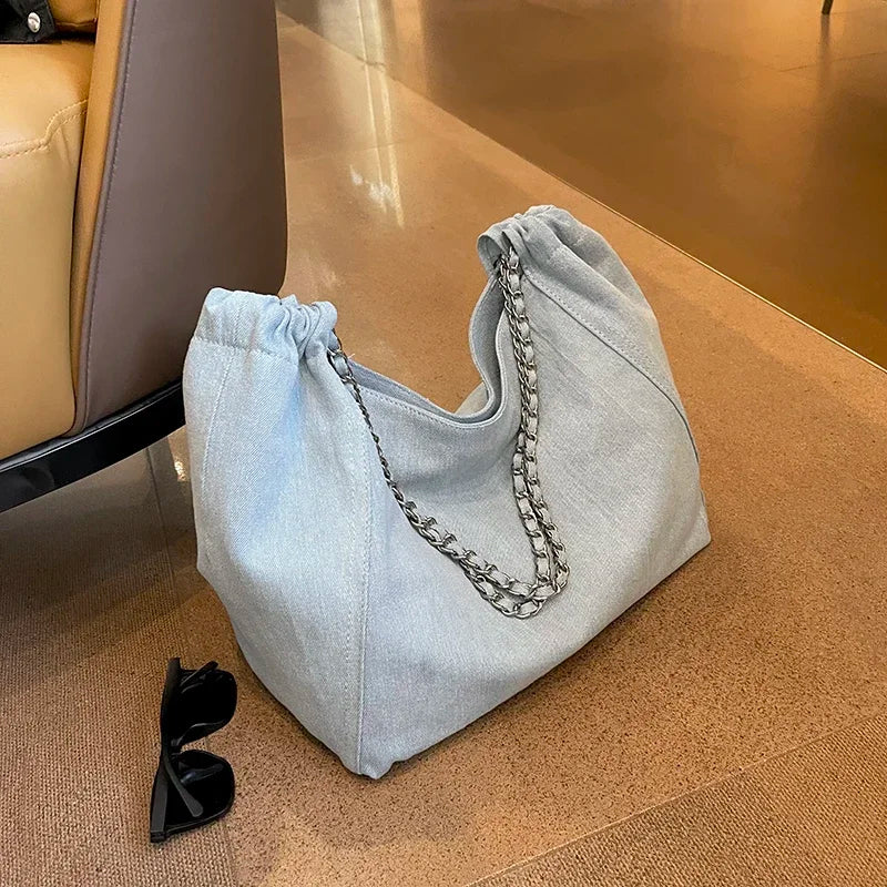 Big Chain Denim Shoulder Tote Bag for Women – Large Capacity Luxury Shopper