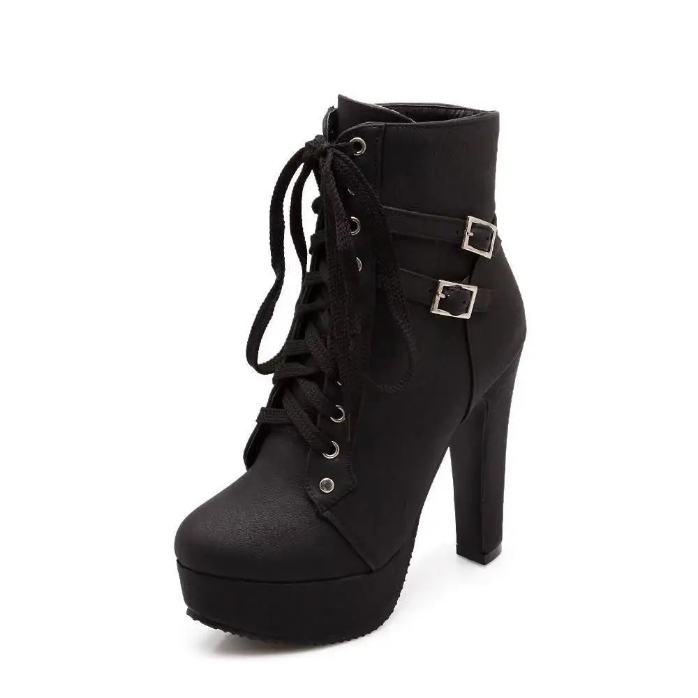 Women's Cross Lace-Up Ankle Boot with High Heel & Buckle