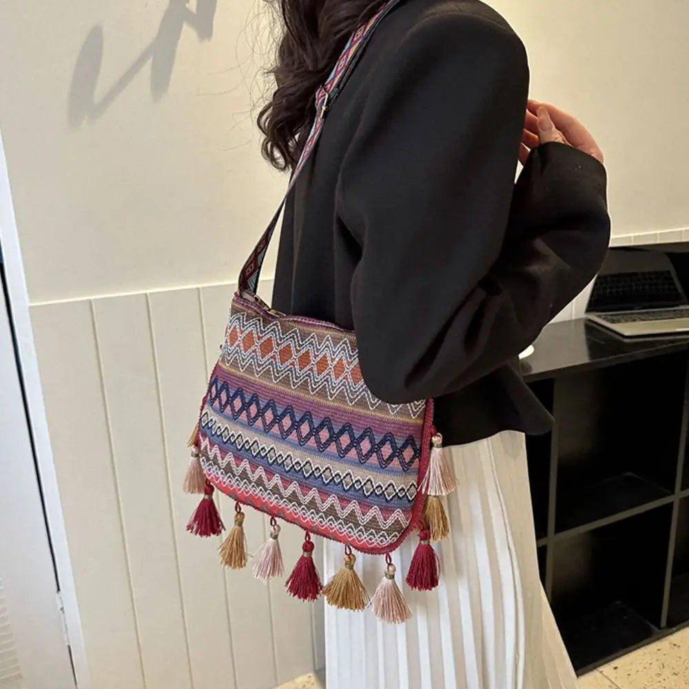 Tassel Ethnic Fringe Crossbody Shoulder Bag – Bohemian Woven Messenger Handbag