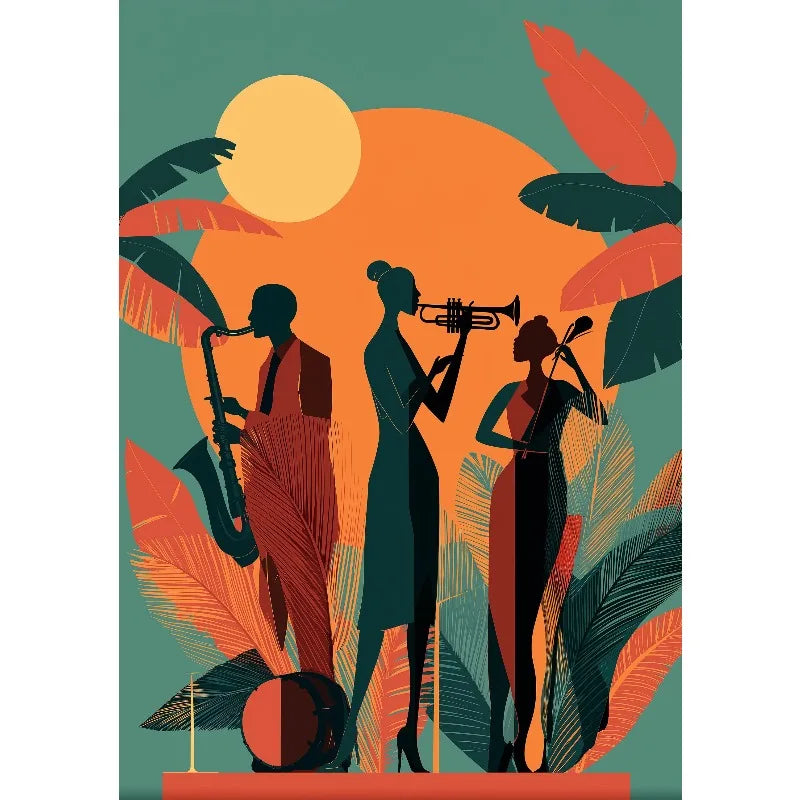 Retro Jazz Band African Musician Canvas Print – Art Deco Wall Art for Home Bar & Living Room