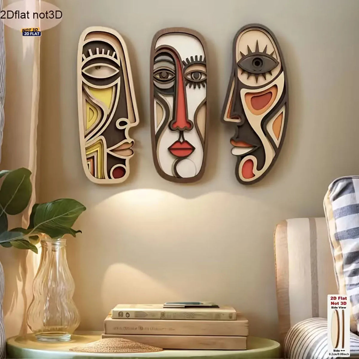 3-Piece Minimalist Abstract Face Wooden Wall Art Set | Boho Room Decor