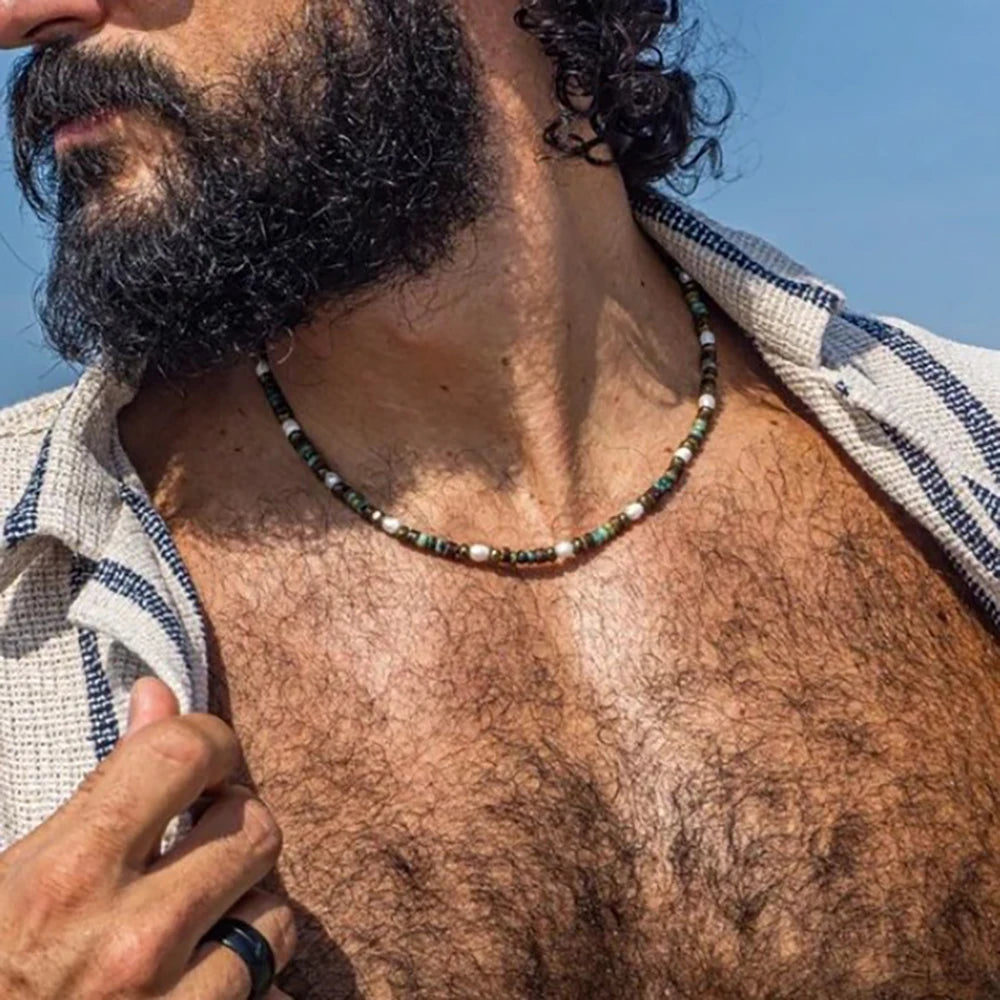 FBA Men's Ethnic Pearl Turquoise Beaded Necklace | Summer Jewelry