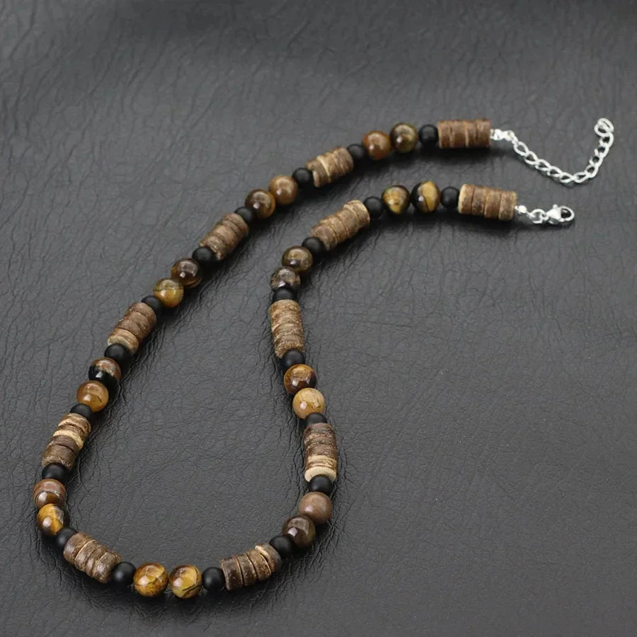 FBA Coconut Shell Lava Beaded Necklace for Men | Boho Wood Jewelry