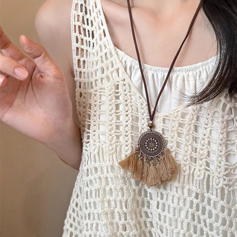 FBA Star Feather Leather Pendant Necklace | Retro Art Jewelry