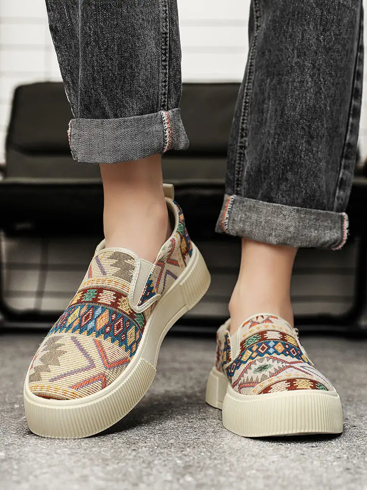 FBA Men's Canvas Printing Thick Platform Retro Sneakers | Elegant Breathable Casual Shoes