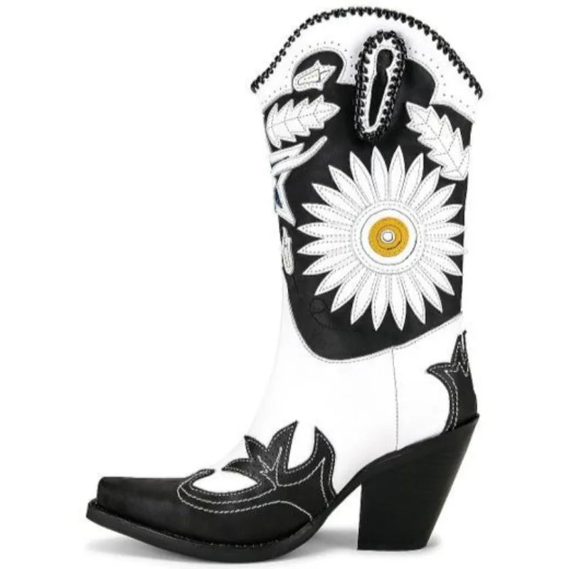 Women's Sunflower Embroidered Western Cowboy Mid-Calf Boot