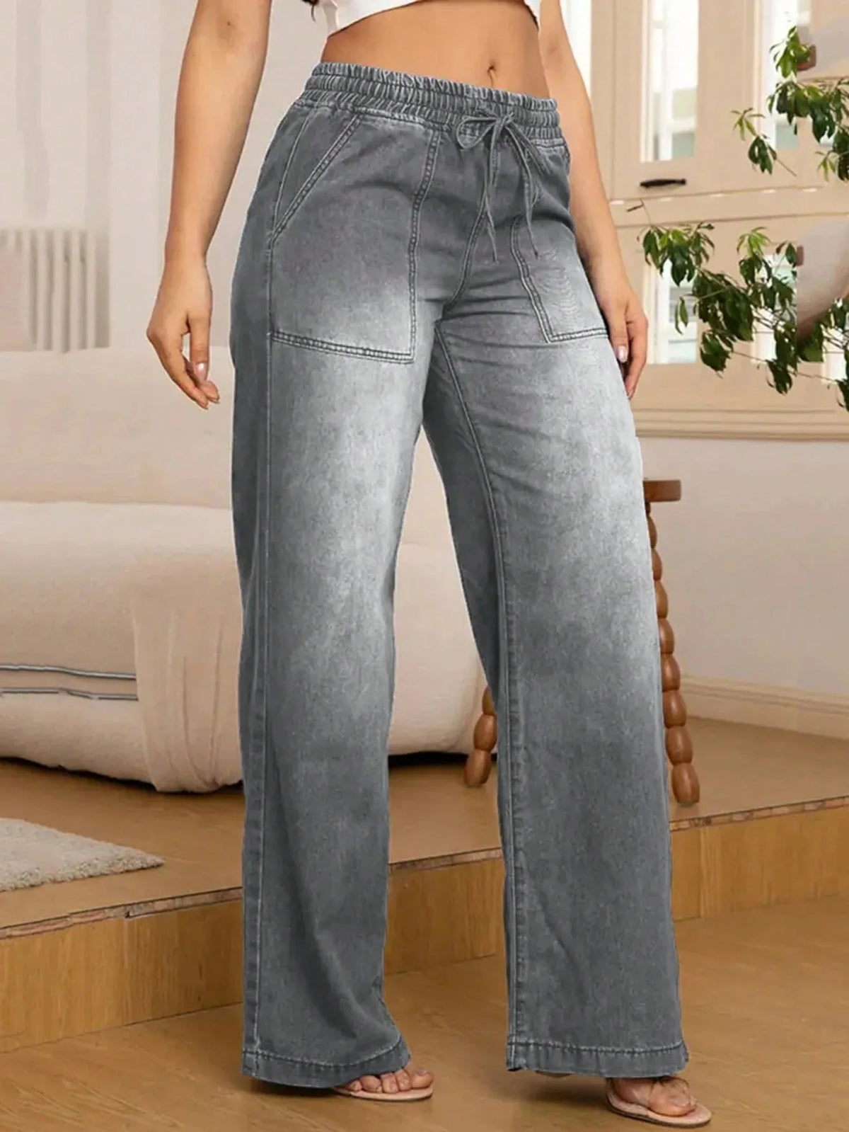 Women's American Retro Casual Loose Fit Drawstring Ankle-Length Jeans – Double Pocket Cotton Denim | Multiple Colors | S–3XL | FBA Vibes