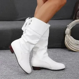 Women's Pleated PU Leather Mid-Calf Zip Boot with Square Heel