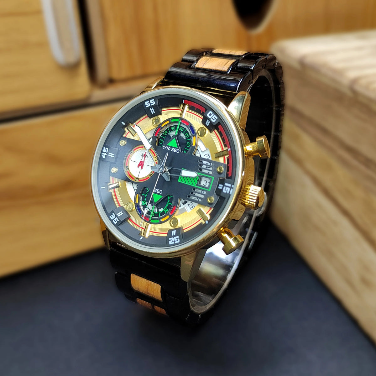 FBA Men's Luxury Wood Watch | Chronograph Calendar Wooden Wristwatch