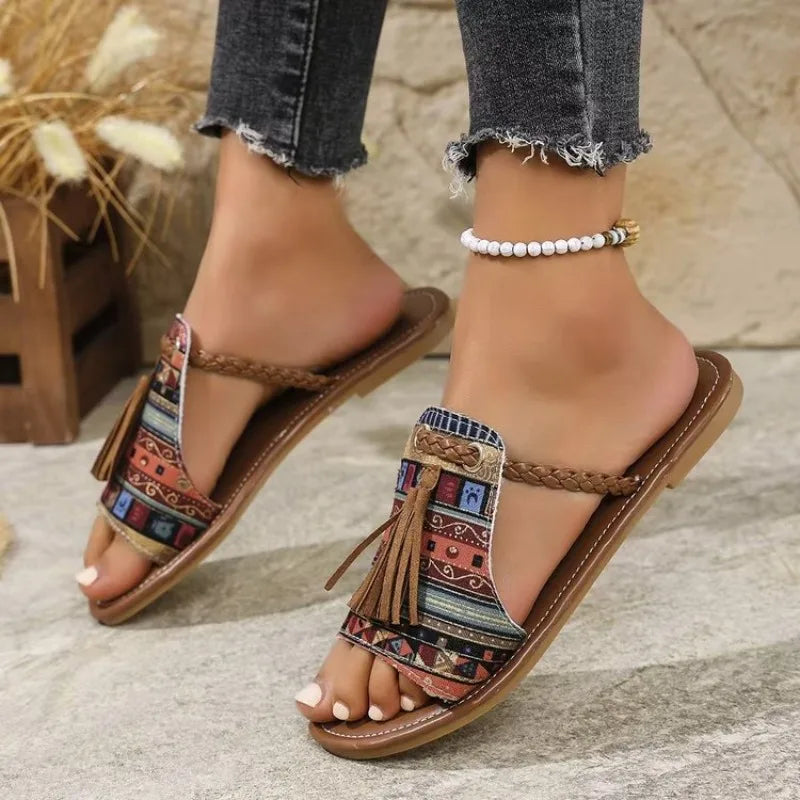 FBA Women's Ethnic Style Round Head Slides | Plus Size Beach Slippers