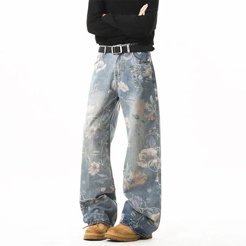 American Hip Hop Retro Floral Print Wide-Leg Jeans – Unisex Couples Loose Straight Leg Denim Pants | Blue | S–XXXL | FBA Vibes
