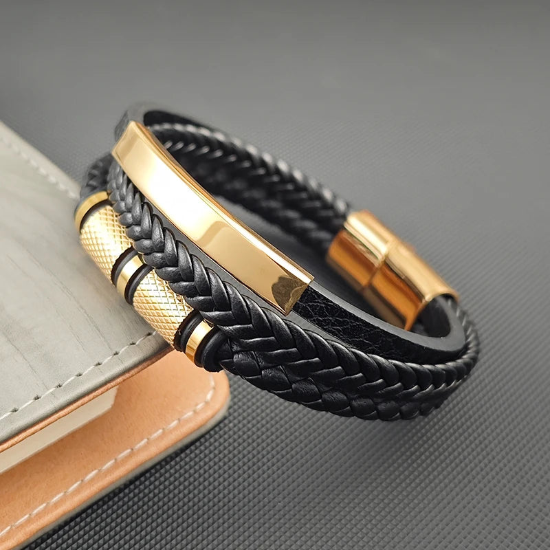 FBA Gold Beads Magnetic Leather Wrapped Bracelet | Men's Charm Jewelry