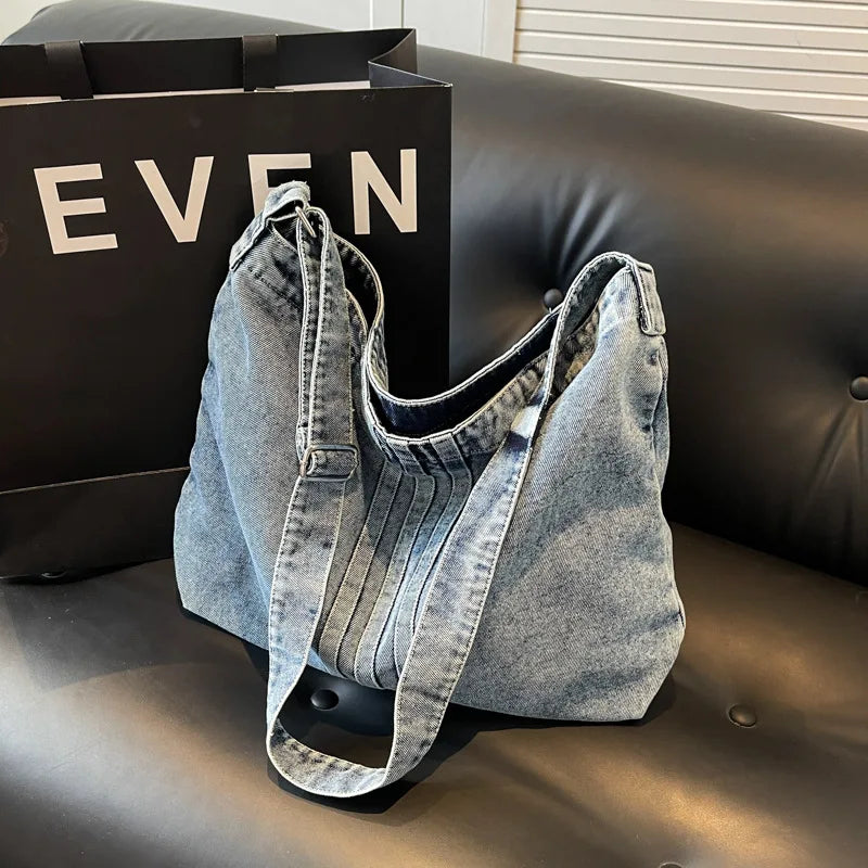 Denim Canvas Tote Bag for Women – Large Capacity Casual Shoulder Handbag