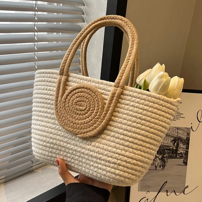 Cotton Rope Grass Woven Crossbody Tote Bag – Eco-Friendly Travel Vacation Handbag for Women