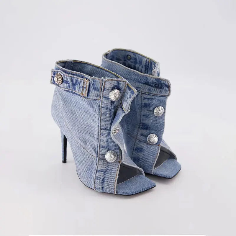Women's Denim Peep Toe Ankle Boot — Square Toe, Ultra-High Heel, Button Detail