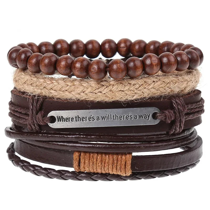 FBA 4-Piece Braided Leather Ethnic Wristband Set | Hope Believe Bracelet