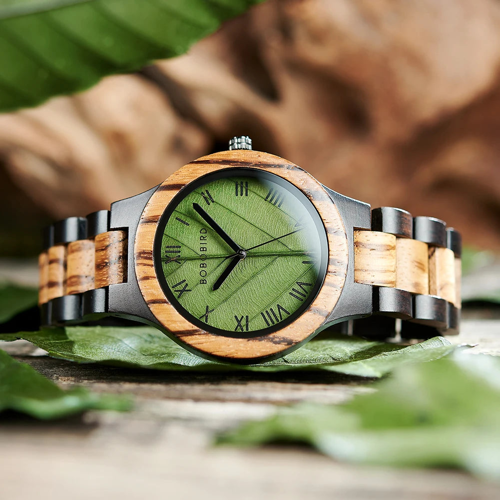 FBA Men's BOBO BIRD Genuine Leaf Wood Watch | Handmade Luxury Wooden Wristwatch