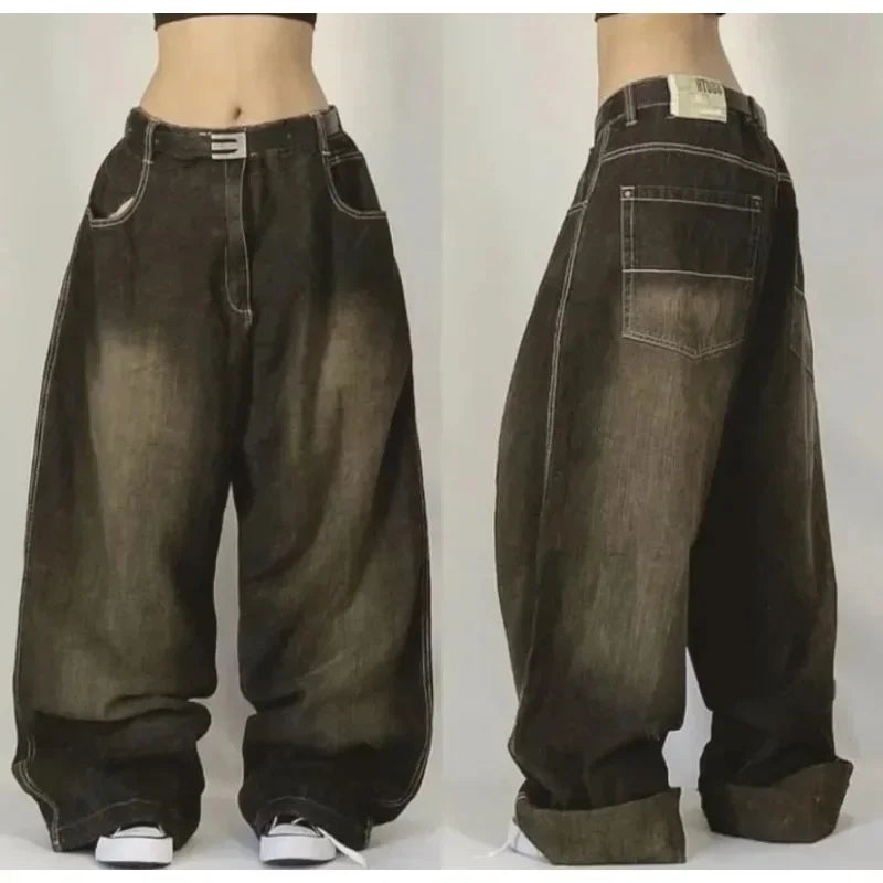 Women's American Harajuku Retro High Waist Baggy Wide-Leg Jeans – Y2K Gothic Streetwear Washed Denim | Multiple Colors | S–XXL | FBA Vibes