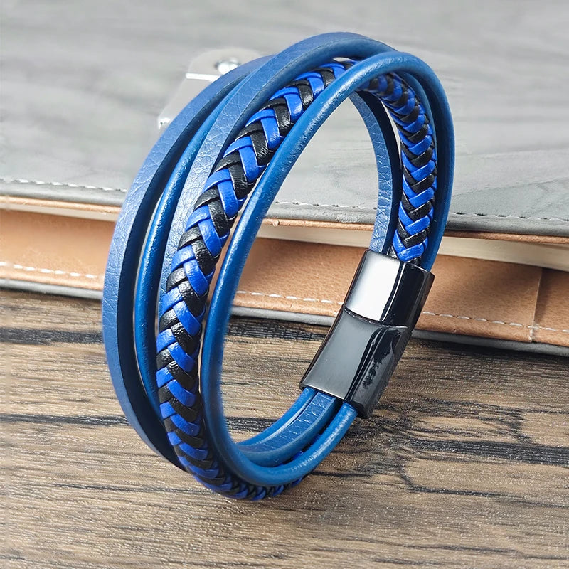 FBA Men's Multilayer Blue Leather Stainless Steel Bracelet | Luxury Jewelry