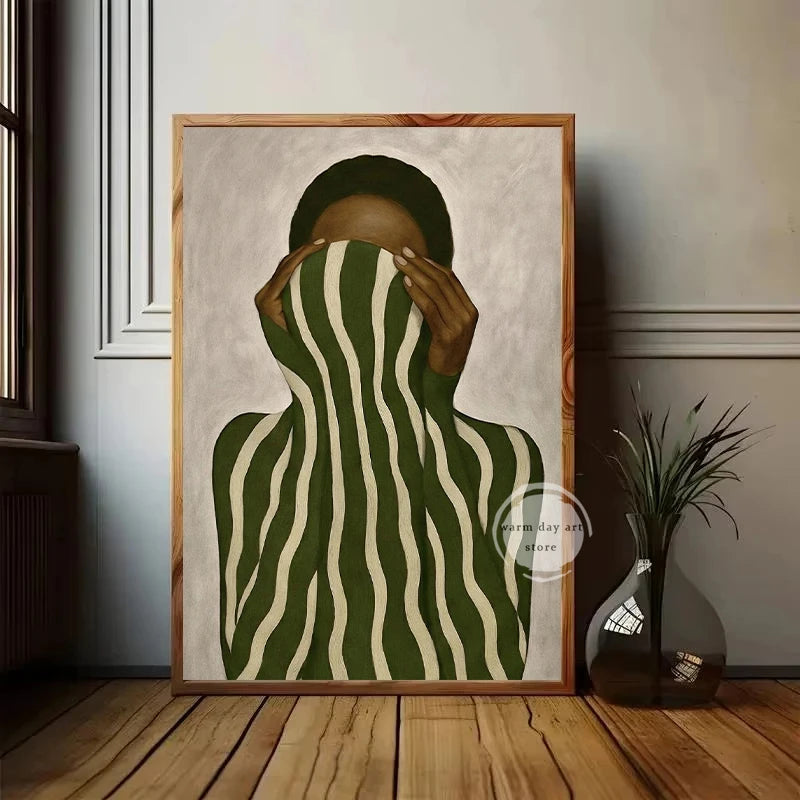Abstract African Woman Black & White Stripes Canvas Print | Neutral Wall Art