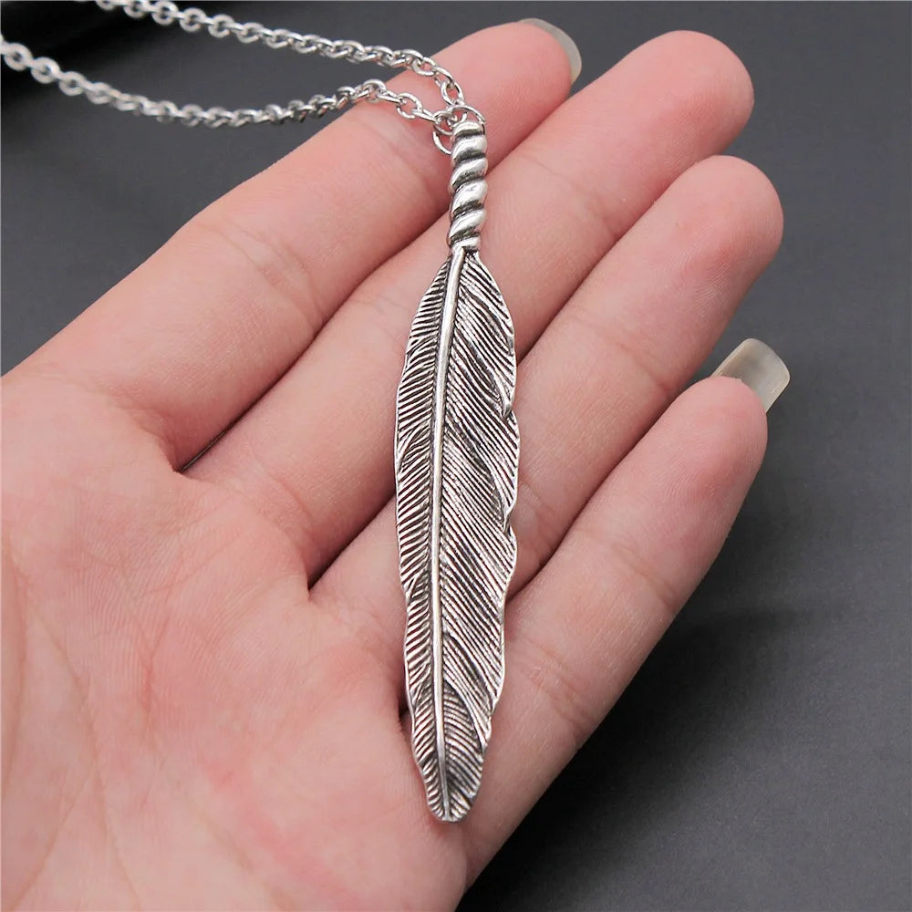 FBA Antique Silver Big Feather Pendant Necklace | Long Chain Jewelry