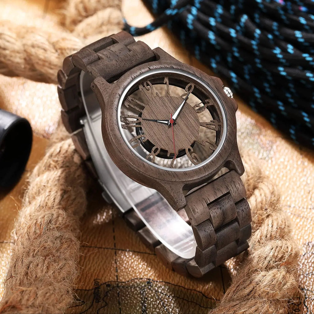 FBA Unisex Hollow Style Wood Watch | Big Dial Quartz Wooden Wristwatch