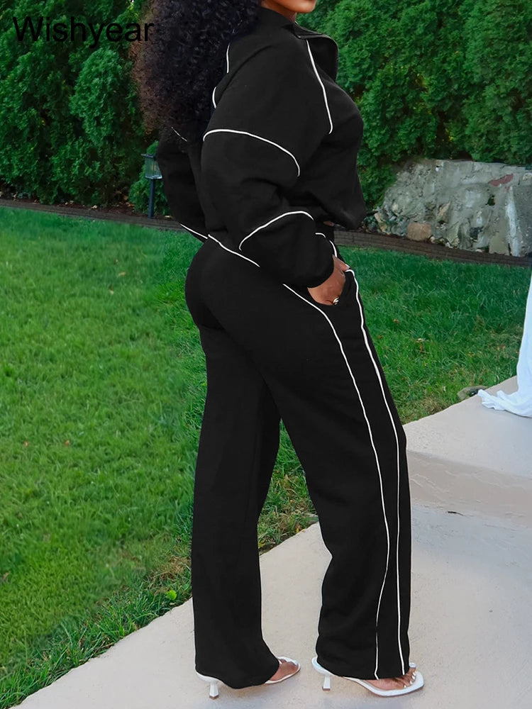Women's 2-Piece Striped Sport Set – Zip Sweatshirt & Wide-Leg Pants | FBA Vibes