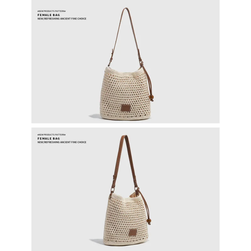 Woven Hollow PU Leather Bucket Tote Bag for Women – 2026 Spring Summer Beach Vacation Shoulder & Underarm Bag