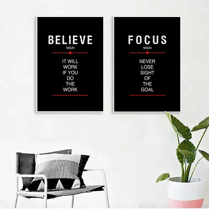 Black Inspirational Quote Canvas Print | Discipline Believe Focus Motivational Wall Art for Home Decor