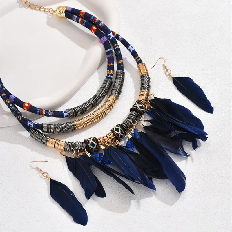 FBA Ethnic Feather Choker Necklace & Earring Set | Women's Jewelry
