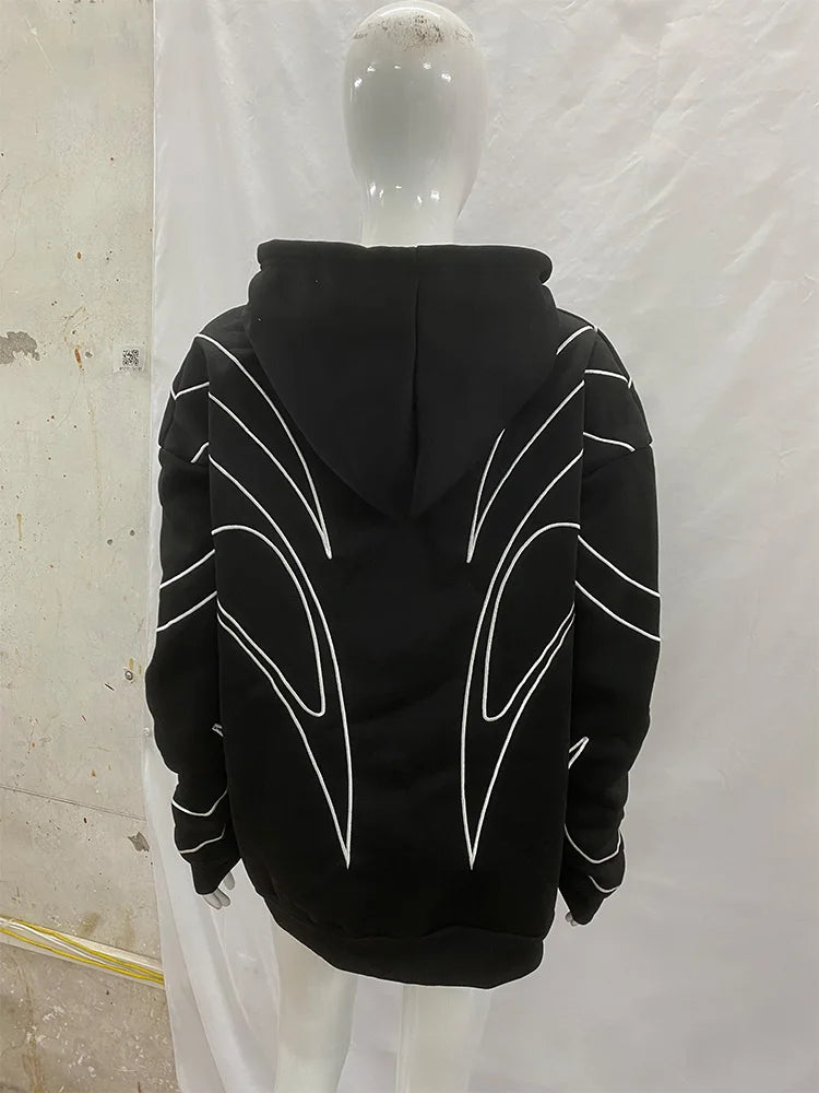 Women's Street Retro Striped Embroidered Oversized Hoodie – Y2K Hip Hop Punk Double Zipper Sweatshirt | Black | S–XL | FBA Vibes