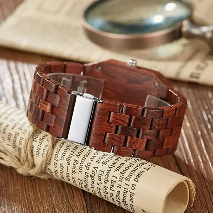 FBA Men's Square Wood Watch | Roman Numeral Quartz Wooden Wristwatch