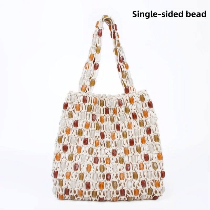 Hand-Woven Beaded Tote Bag with Wooden Handle – Boho Hollow-Out Knitted Beach Handbag