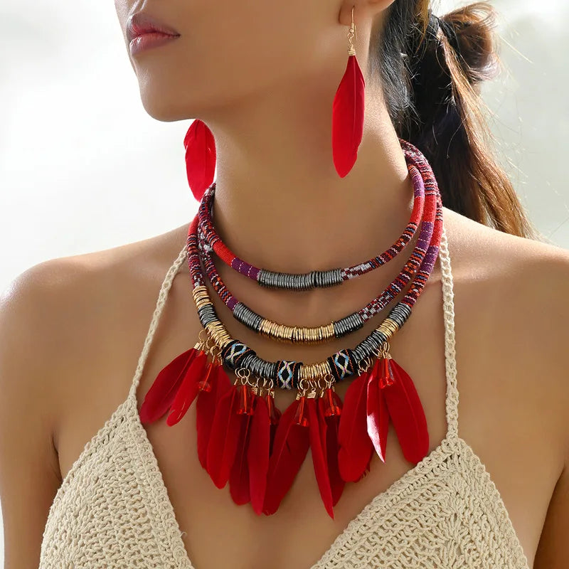 FBA Ethnic Feather Choker Necklace & Earring Set | Women's Jewelry