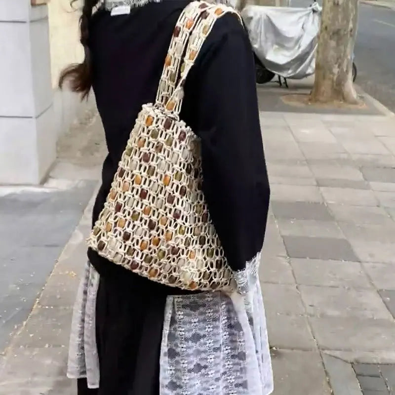 Woven Contrasting Cotton Tote Bag for Women – Fashionable Designer Shopping & Beach Bag