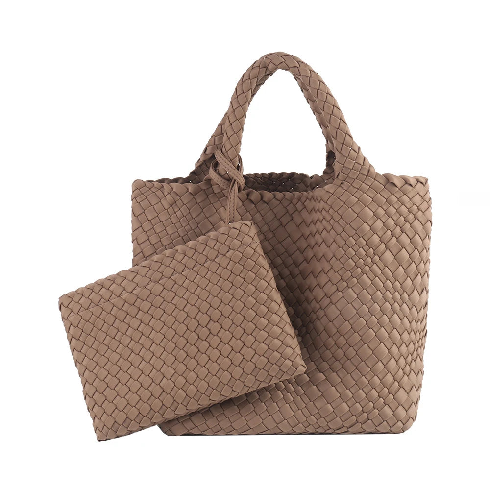 Neoprene Woven Tote Bag for Women – Waterproof Extra Large Beach Handbag & Retro Travel Shoulder Bag Set with Zipper Purse